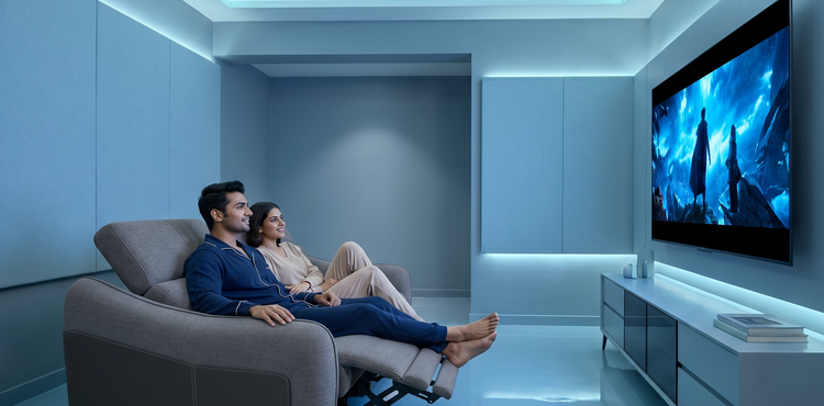 Data center with blue lighting showing people working with technology