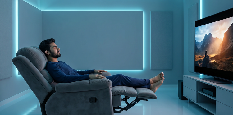 Data center with blue lighting showing people working with technology