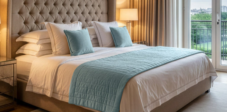 Data center with blue lighting showing people working with technology